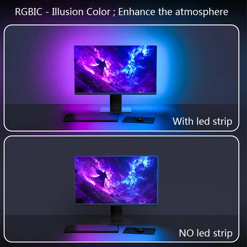 Smart Gaming Ambient Lighting Computer Monitor Screen SYNC Light Strip PC Backlight RGBIC Lamp Tape with Music SYNC Color Picker