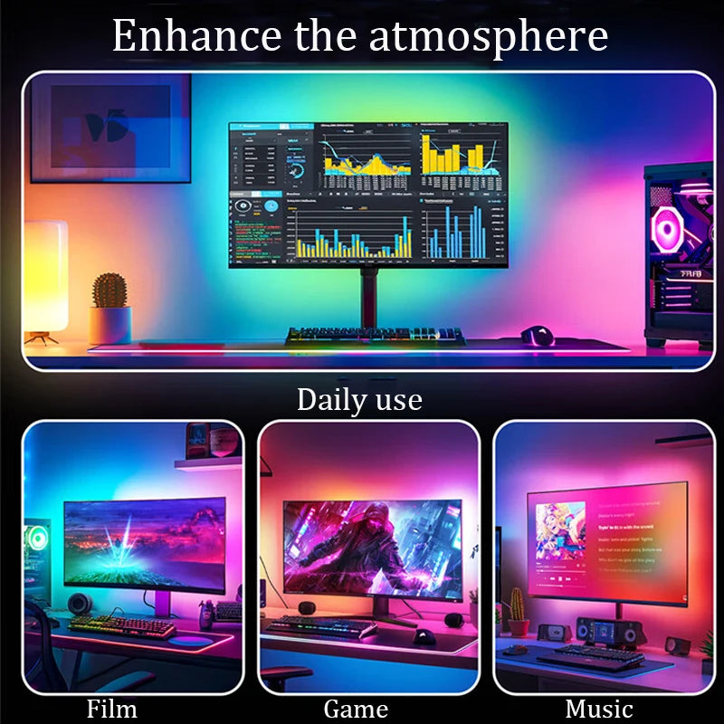 Smart Gaming Ambient Lighting Computer Monitor Screen SYNC Light Strip PC Backlight RGBIC Lamp Tape with Music SYNC Color Picker