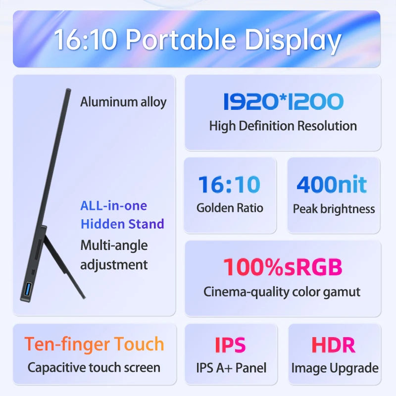 16inch Portable Monitor 1920*1200P Touch Screen 100% SRGB Gaming Computer Display for Steam Deck Laptop Switch PS4 PS5 Xbox