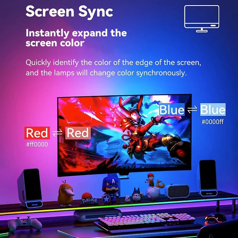 Smart Gaming Ambient Lighting Computer Monitor Screen SYNC Light Strip PC Backlight RGBIC Lamp Tape with Music SYNC Color Picker