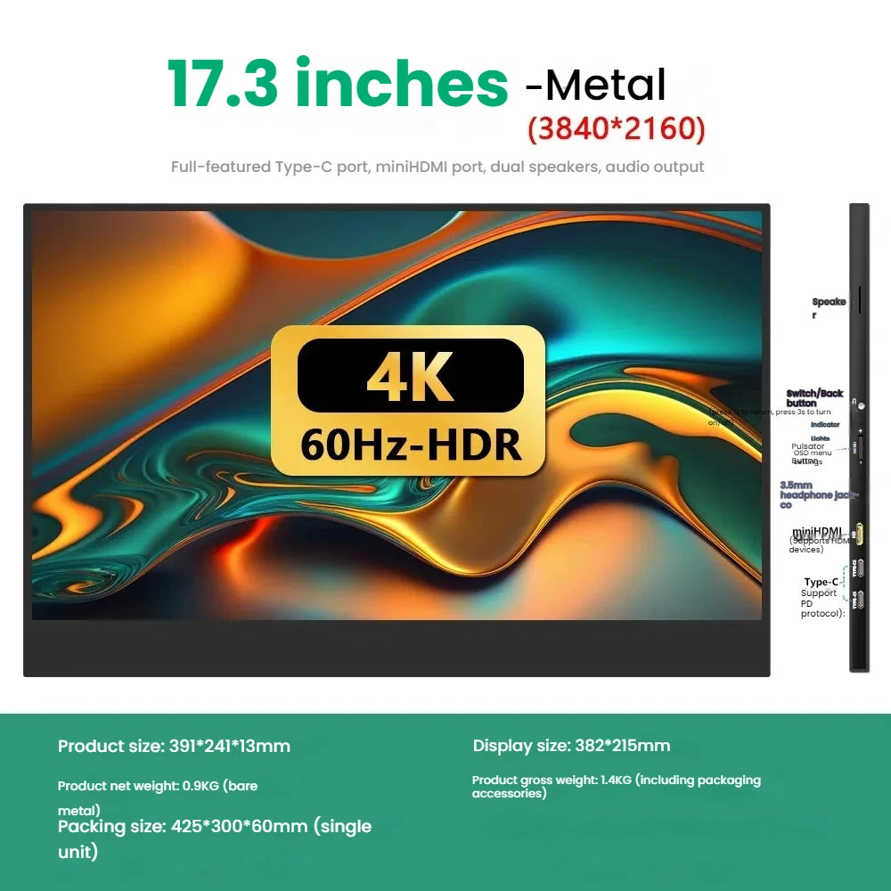 17.3" 4K Portable Monitor 144Hz, Dual HDMI for Computer Laptop/PS4/Mobile, HDR Gaming Screen with USB-C Power Supply