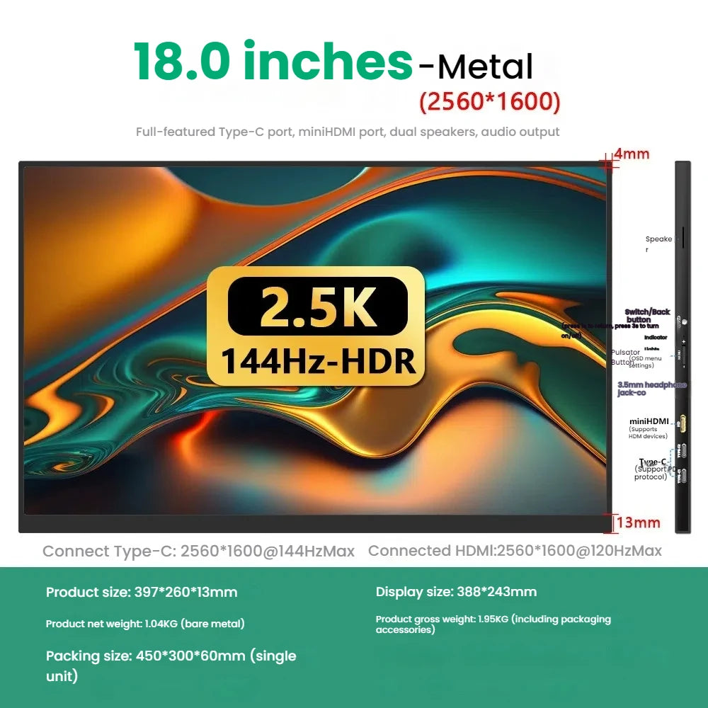 17.3" 4K Portable Monitor 144Hz, Dual HDMI for Computer Laptop/PS4/Mobile, HDR Gaming Screen with USB-C Power Supply
